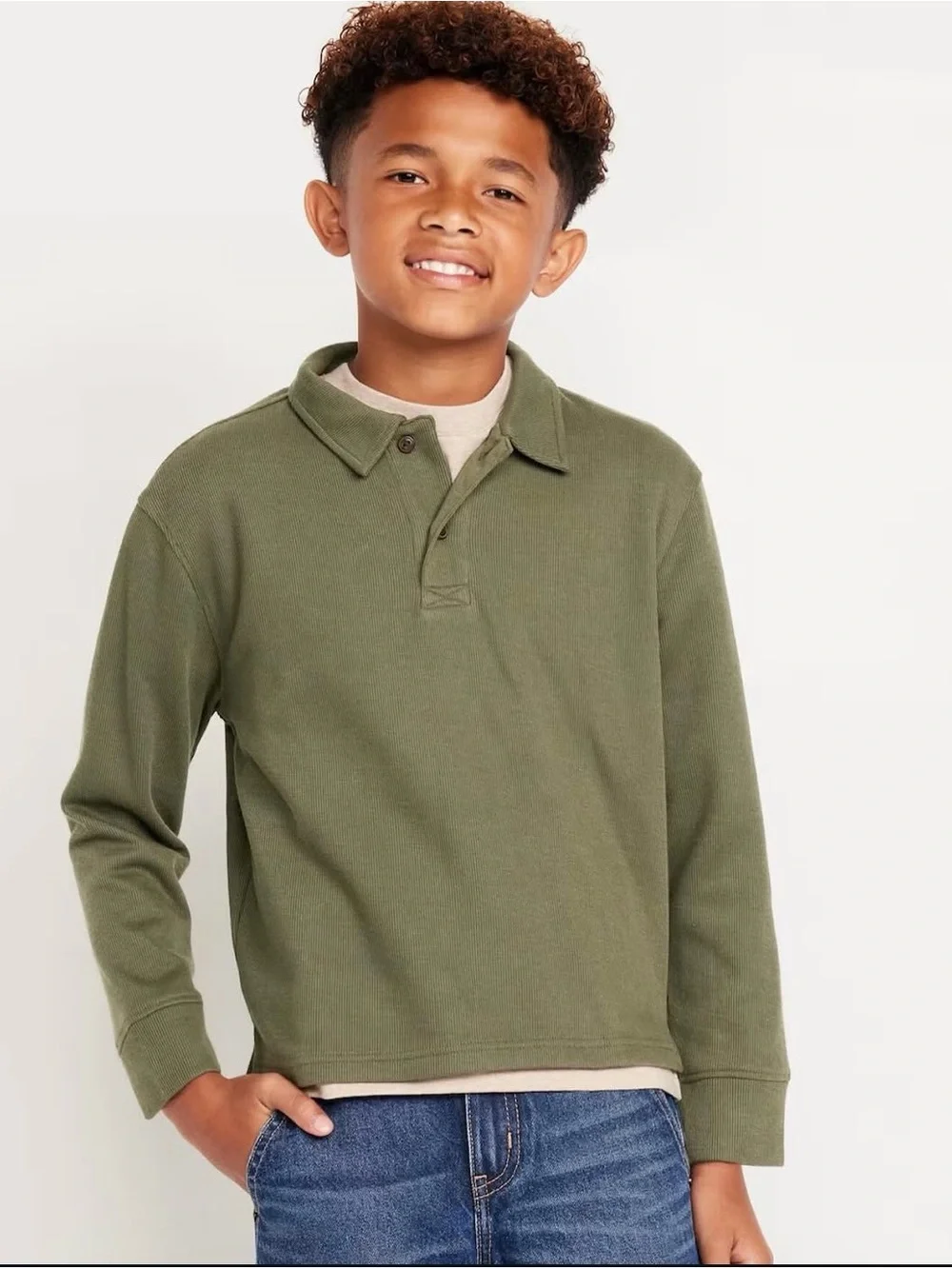 Old Navy Boys French Ribbed Long Sleeve Polo Shirt Green Size M (8) NWT NEW